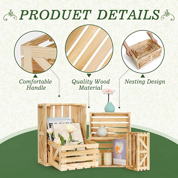 5 Pcs Wooden Crates for Display, Nesting Wood Crate for Storage, 5 Size | Farmhouse Weddings Wooden Basket for Storage Container and Decorations, Rustic Wood Crates for Farmers Market, Birthday, DIY