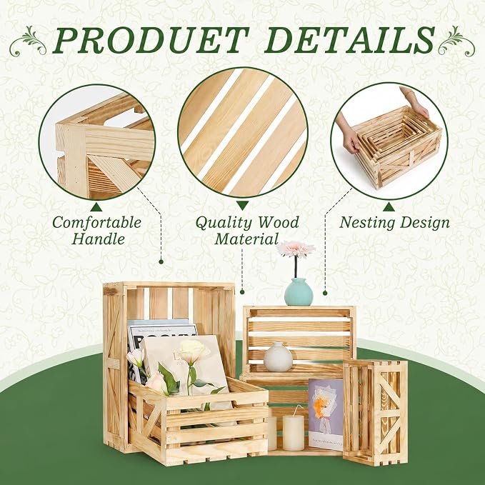 5 Pcs Wooden Crates for Display, Nesting Wood Crate for Storage, 5 Size | Farmhouse Weddings Wooden Basket for Storage Container and Decorations, Rustic Wood Crates for Farmers Market, Birthday, DIY