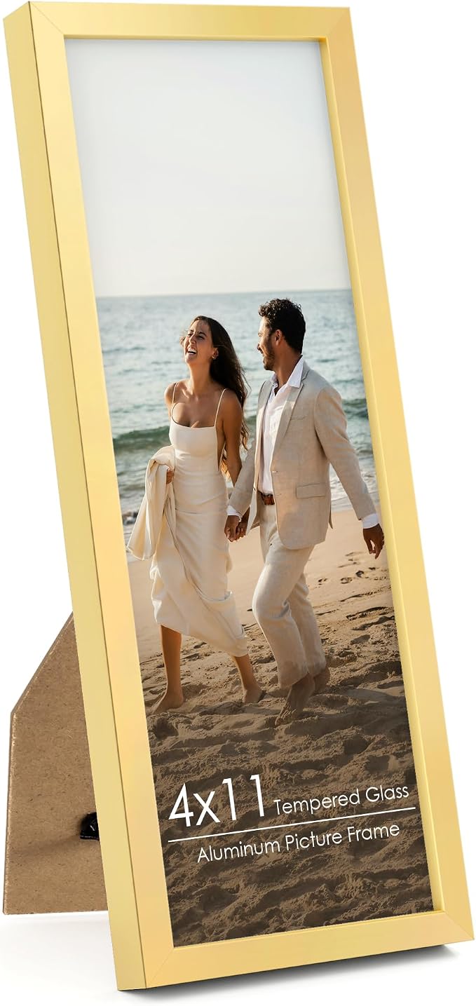 FLYJOE 4x11 Metal Frame - Gold Aluminum Photo Frames-Real Real Glass,Tabletop Display,Mounting Horizontally or Vertically Decor for Wall Gallery Poster 11x4 Photo Frames, Gold