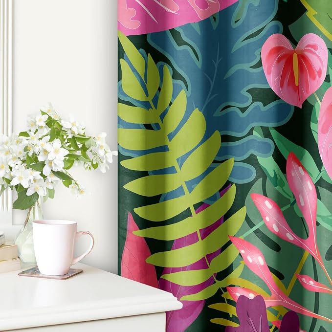 Boho Colorful Floral Blackout Curtain, Abstract Tropical Botanical Leaf Nature Asthetic Curtains, Retro Fun Funky Art Grommet Drapes 2 Panels, Farmhouse Bedroom Living Room Decor 52X84 Inch Green Pink