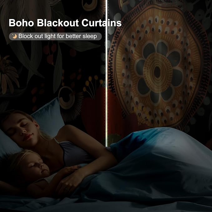 Black Boho Floral Blackout Curtains for Bedroom and Living Room, Grommet Thermal Insulated Room Darkening Curtains 84 Inch Long 2 Panels Set, Light Filtering Privacy Drapes with Curtain Tiebacks