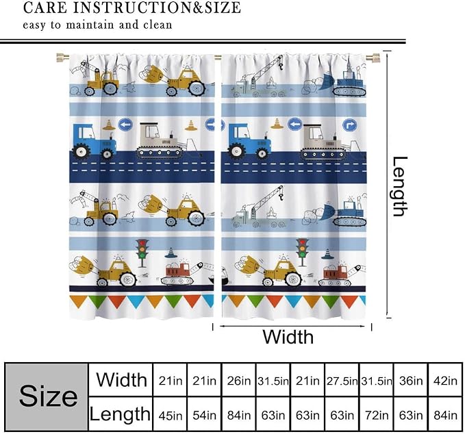 Cartoon Car Window Curtain,Equipment Trucks Excavator Tractor Kids Boys Curtains Home Decor Rod Pocket Bedroom Cafe Dining Room Living Room Kitchen Office Nursery Drapes, 42x45 in
