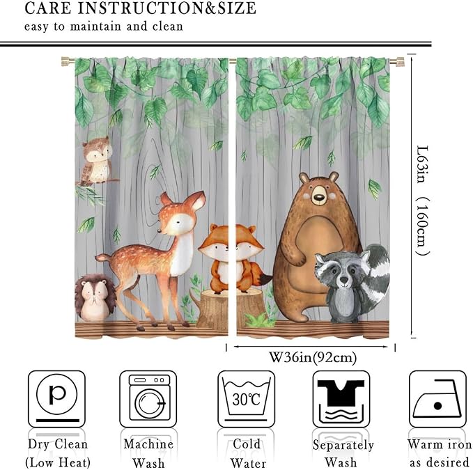Rustic Animal Curtains, Wild Forest Animal Bear Fox Deer Kids Window Treatments for Living Room Bedroom, Farmhouse Woodland Blackout Drapes 2 Panel Sets, 72x63 Inch