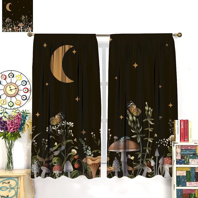 Wild Mushroom Blackout Curtains,Retro Floral Plants Boho Moon Star Window Drapes,Butterfly Botanical for Living Room Kitchen Bedroom,Black Background 84x84in