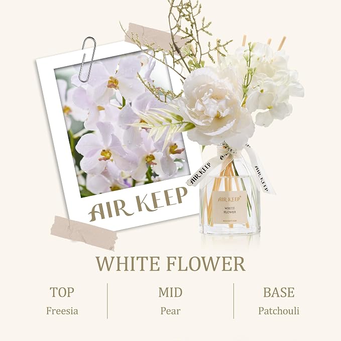 Airkeep Flower Reed Diffuser Set, White Flower Diffuser Gift Set,4.06 fl oz Essential Oil Sticks Diffusers for Bathroom Air Freshener, Aromatherapy Home Fragrance for Shelf Decor,Gift for Women Mom
