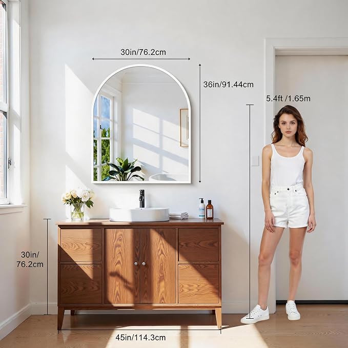CIRCUMI Arched Wall Mirror, 30"x36" White Arched Mirror with Tempered Glass, Metal Frame, Large Size for Bathroom, Living Room,Entryway,Over Sink, Arch Mirror for Decor,Shatterproof&Crystal-Clear