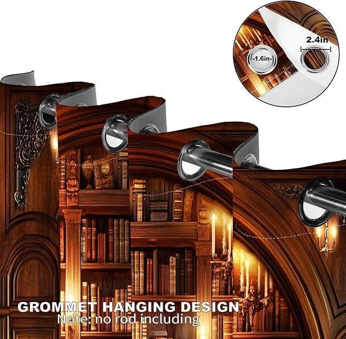 MissHope Vintage Bookshelf Blackout Curtains Library Book Bookcase Cat Candle Decor Women Men Boys Girls Bedroom Study Classroom Living Room Darkening Grommet Window Drapes 2 Panel Set, 52x84 Inch