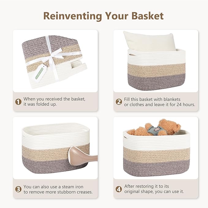ECDYQXVU Cotton Rope Storage Basket, 15x10x9 Inches, Woven Basket for Shelves, Clothes, Towels, Books, and Laundry, White Brown (1 Pack)
