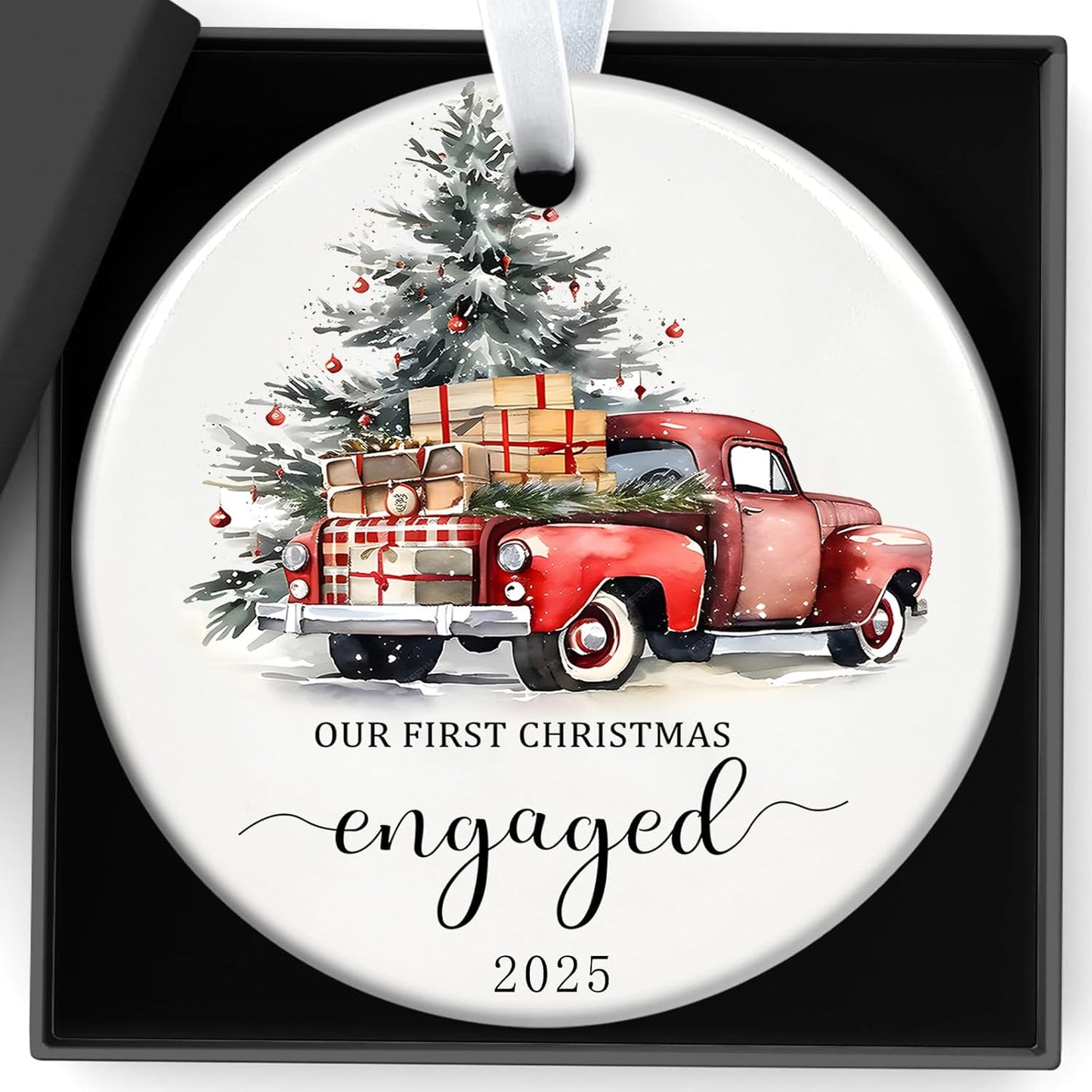 Christmas Ornaments 2025 Our First Christmas Engaged Ornament 2025 Engagement Gifts for Couples Xmas Gifts Newly Engaged Couples Hanging Decorations for Bride to Be Friends 3Inch Ceramic
