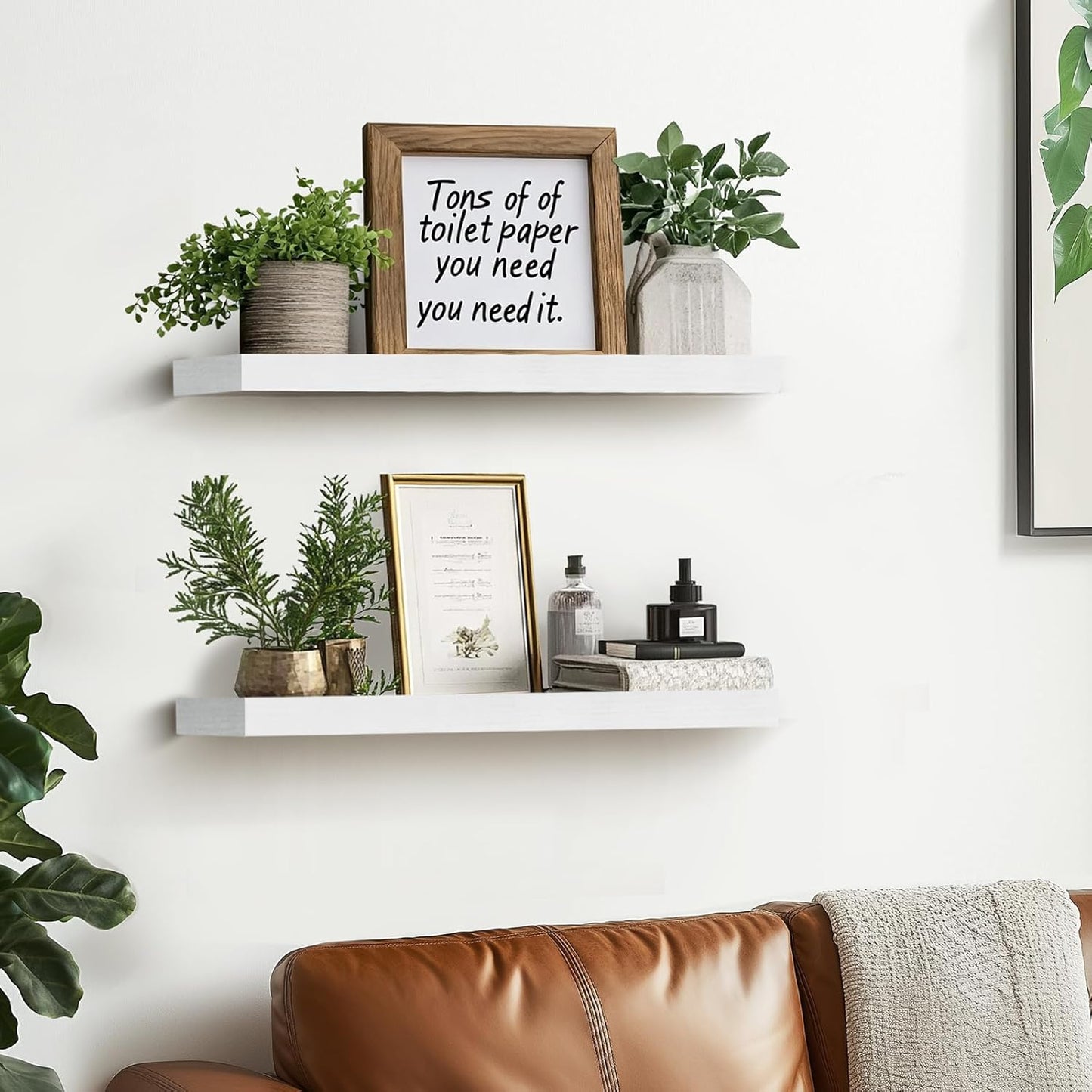 Floating Wall Shelves - 16"x6.8"x1.2" Sturdy Rustic White Solid Wood Shelves for Storage and Décor, Easy Installation for Living Room, Bedroom, and Kitchen - 2 Pack