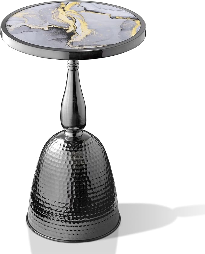Homes: Inside + Out Halric Modern 24" Tall Round End Table with Decorated Tabletop and Iron Metal Base, Accent Furniture, Elegant Pedestal Stand for Living Room, Home Office, Black with Faux Marble