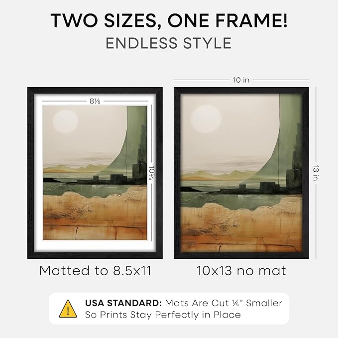 Homeforia 10x13 Picture Frame Black Wood, High End Oak 10x13 Poster Frames with Mat 8.5x11, 10 x 13 Wooden Frames Matted to 8.5 x 11 inch Photo, 13x10 Hanging Frame, Tempered Glass, Wall Kit, Set of 2