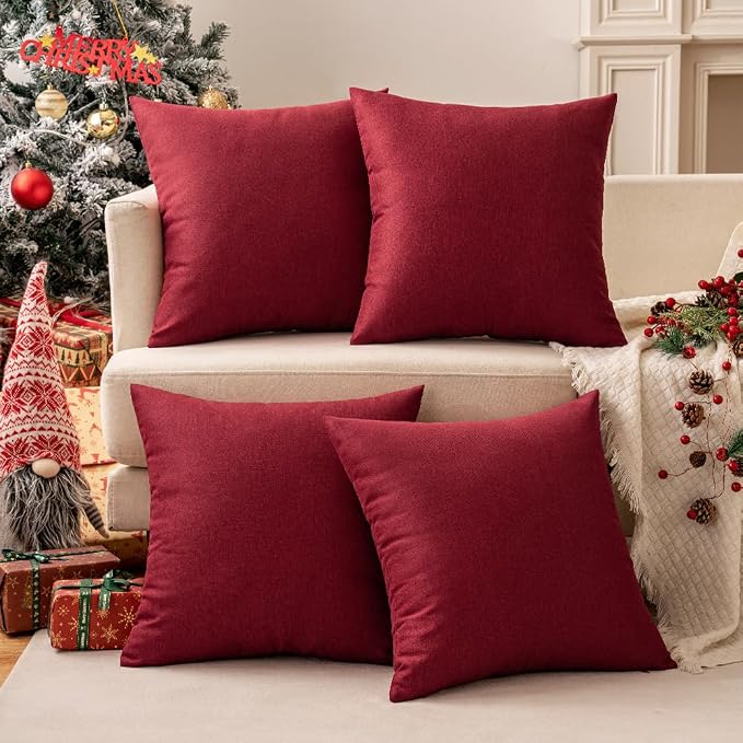 MIULEE Pack of 2 Decorative Outdoor Solid Waterproof Throw Pillow Covers Faux Linen Garden Farmhouse Cushion Cases for Patio Tent Balcony Couch Sofa 18x18 Inch Wine Red