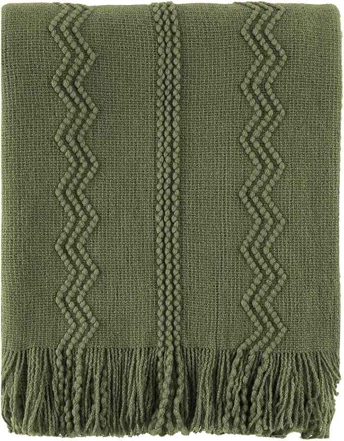BATTILO HOME Olive Green Throw Blanket for Couch, Soft Army Green Blanket with Tassels for Home Decor, Decorative Knitted Throws for Couch Cover, 50"x60"