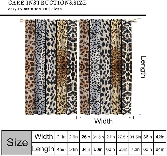 Leopard Print Blackout Curtain, Rustic Wild Animal Skin Farmhouse Fur Leopard Print Drapes, Window Treatments Rod Pocket 2 Panels Curtains for Kitchen Living Room Bedroom Cafe Decor 42"W X 63"L