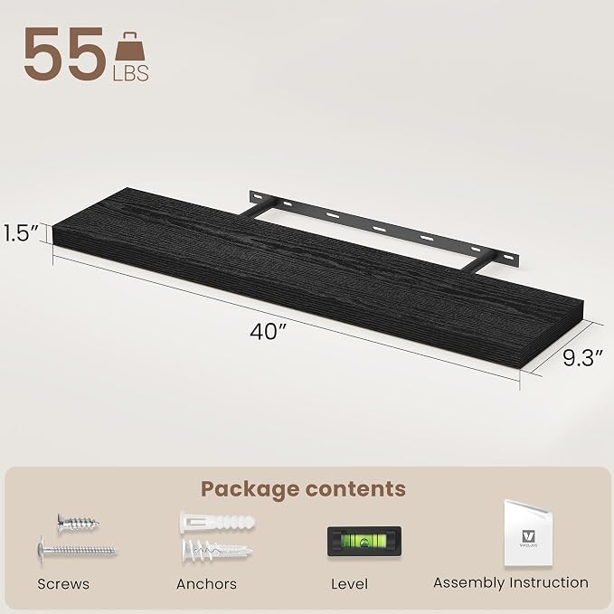 Vivelove 40 Inch Floating Shelves, Deep Wall Shelves with Invisible Brackets, Display Shlf for Bathroom Living Room Kitchen Bedroom Office Farmhouse Home Decor, 40" X 9.3" X 1.5" - Set of 2, Black