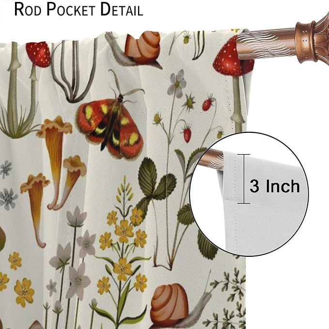 Rustic Mushroom Curtains, Farmhouse Country Fairy Tale Forest Wild Floral Botanical Nature Plants Herbs Moth Blackout Window Treatments for Kitchen Bedroom Livingroom, 72" W X 63" L