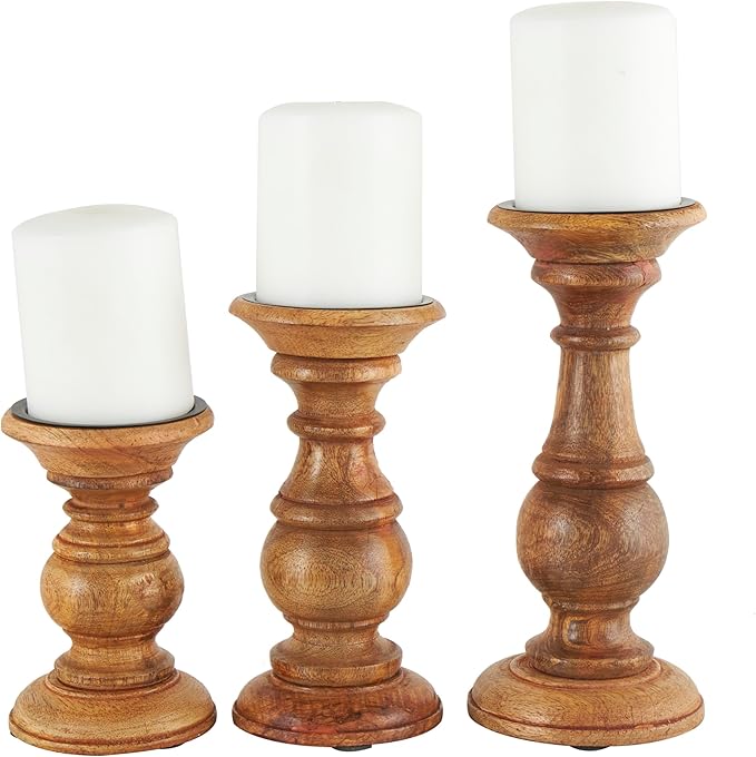 Deco 79 Mango Wood Candle Holders, Set of 3, 10", 8", 6"H, Brown | Decorative turned style pillar candle stand, candlestick holder