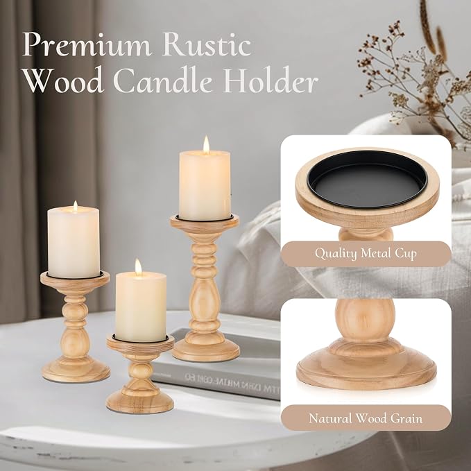 Wood Pillar Candle Holder: Rustic Wooden Candle Stand Farmhouse Fall Decor Distressed Brown Centerpieces for Tables Mantel Dining Living Room Christmas Set of 3