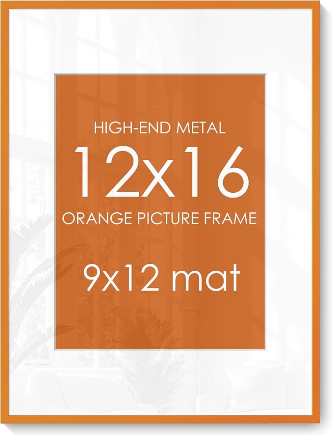 12x16 Picture Frame for 9x12 Photo, Minimalist Aluminum Frame, Orange | Sleek Metal Frame for Wall, Desk & Gift | Shatterproof Glass & Hardware
