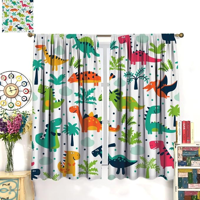 YCness Tropical Dinosaur Curtains for Boys Girls Children Nursery Playroom Room Decor Cute Colorful Cartoon Dino Art Printed Window Drapes Decor Fabric Set 2 Panel 42x54 Inch 80% Shading Rate