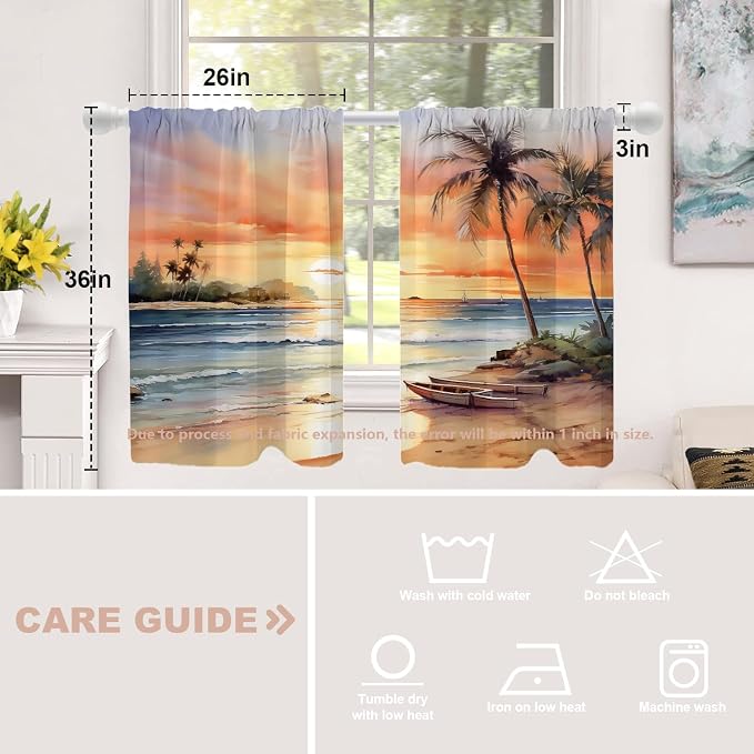 Shrahala Sunset Beach Blackout Curtain Tiers, Tropical Seaside Scene Kitchen Valance Light Blocking Tier Drapes with Rod Pocket, 2 Pack 26 X 36 in
