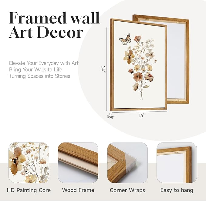 Framed Farmhouse Wildflower Floral Wall Art for Bedroom, 3 Piece Neutral Botanical Canvas Prints Painting, Rustic Flower Picture Wall Decor for Living Room Hallway Nursery Girls Room, 16x24 Inch