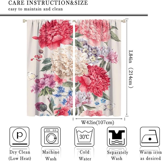 Floral Blackout Window Curtain Vintage Bouquet of Peony Wild Flowers Nature Botanical Leaf for Home Kitchen Restaurant Decoration Drapes 2 Panels 84x84in