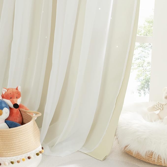 NICETOWN Baby Star Blackout Curtains with Sheer 84 Inches Long, Thermal Insulated Double Layer Room Darkening Curtains for Bedroom, Living Room, Nursery, 2 Panels, 52W x 84L, Light Beige