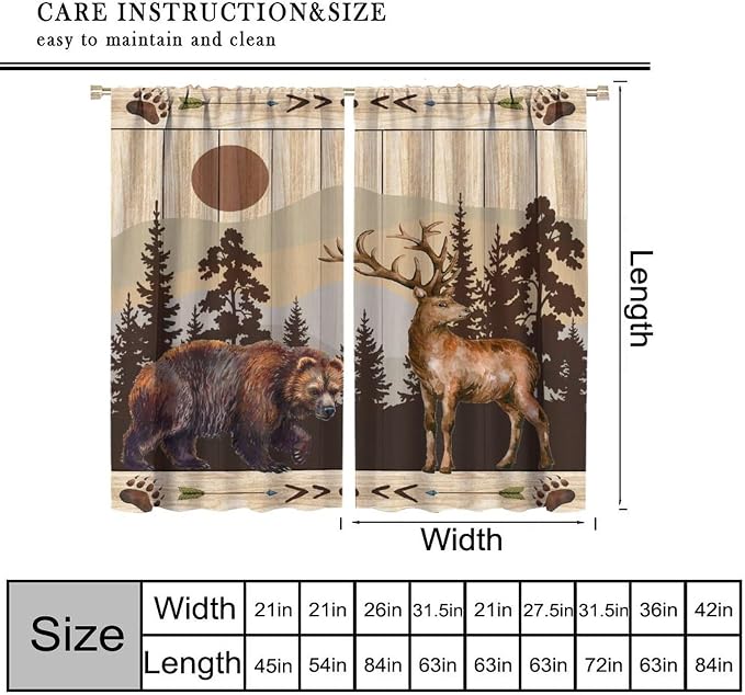 Bear Deer Blackout Curtains for Kitchen Vintage Country Hunting Cabin Wood Planks Forest Bear Footprints Deer Black Bear Bow and Arrow Wildlife Windows Treatments for Bedroom Living Room 42x54in