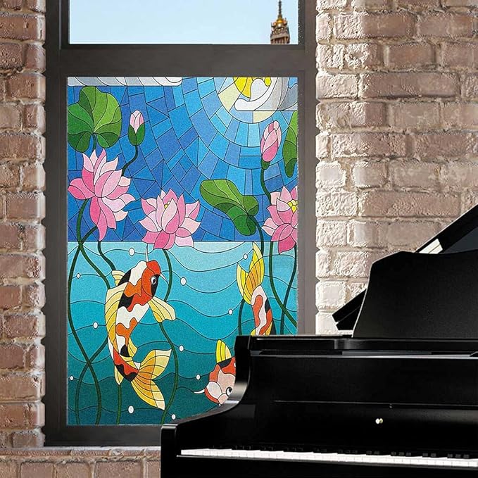 Koi Fish Privacy Window Film, Stained Glass with Lotus Flowers Oriental Design, Decorative Window Film for Bathroom Kids Room Sliding Door, Blue 60x60cm/23.6x23.6in