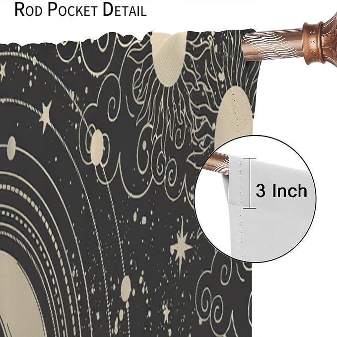 Bohemian Sun Moon Blackout Windows Curtains, Golden Sun Crescent Moon and Stars Vintage Cosmic Galaxy Printed Curtains, for Living Room Bedroom 55x63in 2 Panels