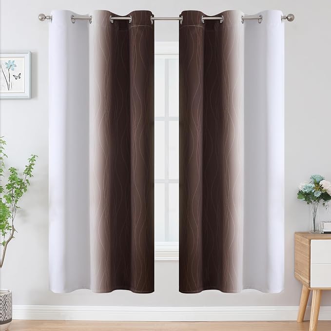 Estelar Textiler Brown and Greyish White Blackout Curtains for Living Room, Full Room Darkening Grommet Ombre Curtains for Bedroom, Thermal Insulated Light Blocking Gradient Drapes, 42Wx72L, 2 Panels