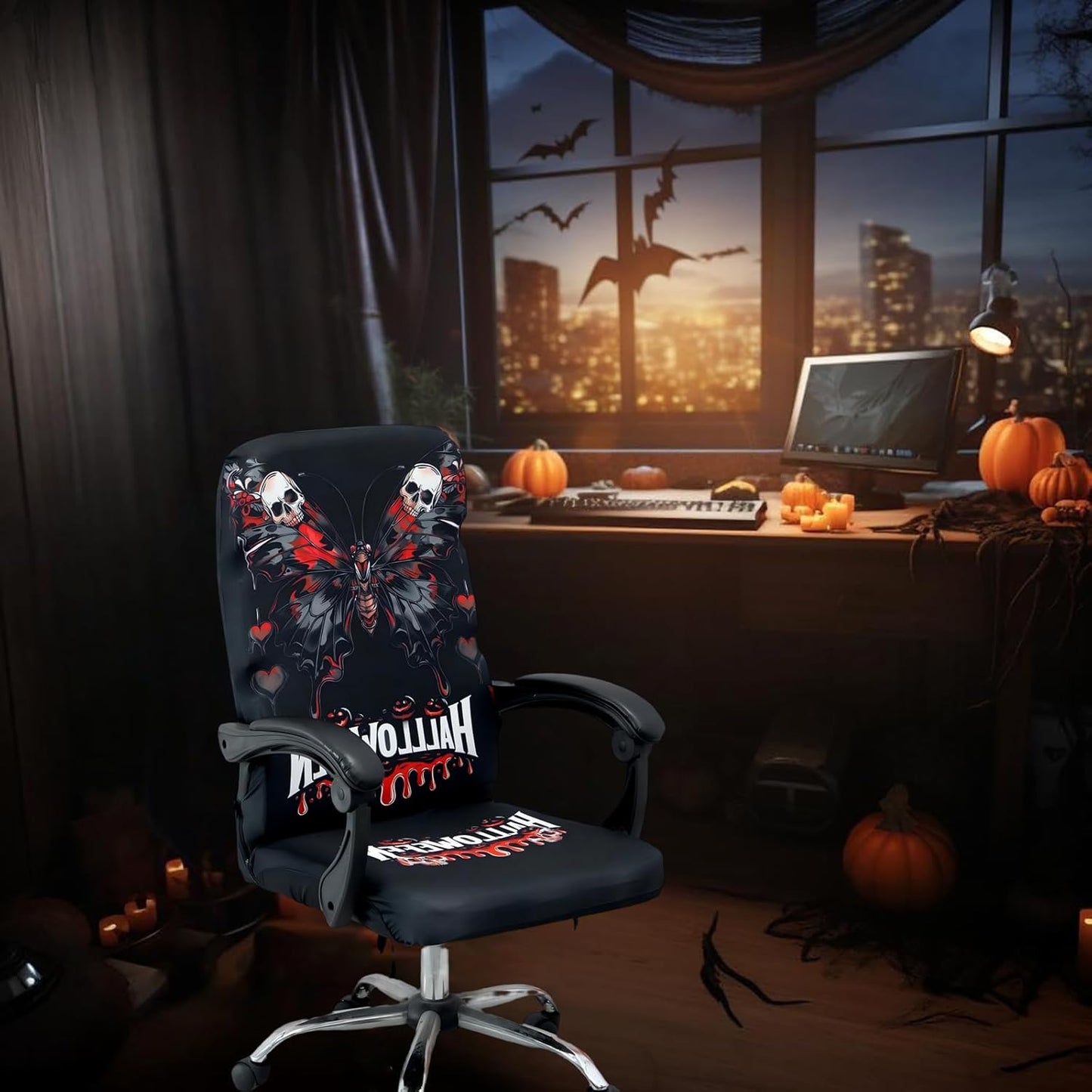 Halloween Office Chair CoversHorror Bloody Handprints Footprints on White Horror Theme Print Stretchable Slipcover for Modern Simplism Style High Back Boss Chair(No Chair) (Halloween08, L)…