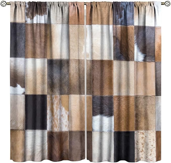 Cowhide Blackout Curtain, Retro Animal Spotted Brown Cow Texture Print Drapes, Rod Pocket Window Treatments 2 Panels Curtains for Kitchen Bedroom Living Room Office Deocr 63" W X 63" L
