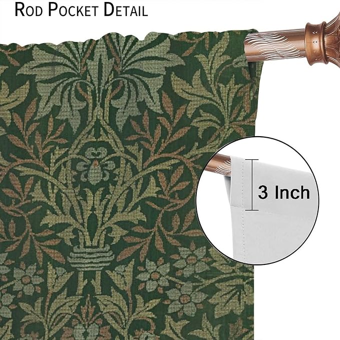 Bohemia Art Blackout Window Curtains, William Morris Original Design Green Garden Vintage Curtains, for Living Room Bedroom 27.5(W)*63(L) 2 Panels