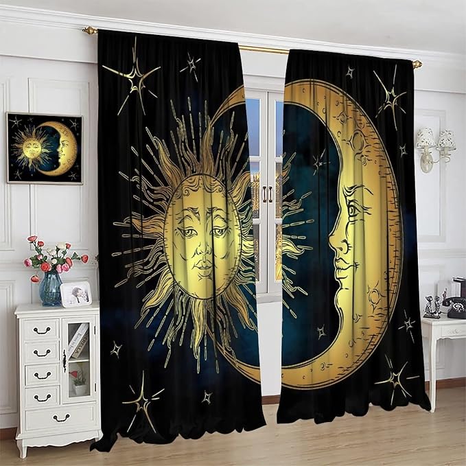 Sun Moon Blackout Windows Curtains, Boho Chic Art Golden Sun Moon and Stars Over Blue Black Sky Antique Style Curtains, for Living Room Bedroom 42x63in 2 Panels