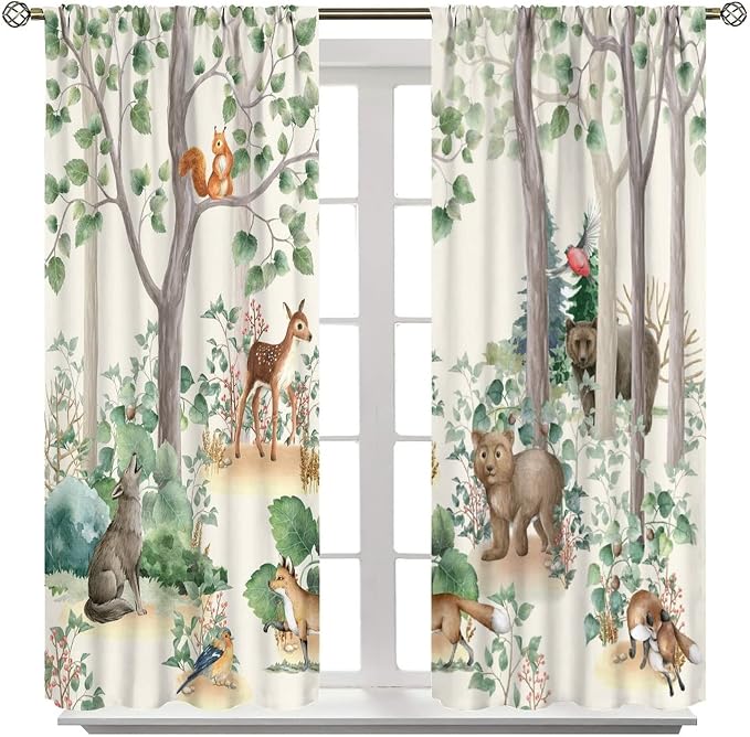 Forest Animal Kids Curtains, Wild Rustic Bear Fox Deer Children Cartoon Window Treatments for Living Room, Watercolor Blackout Drapes 2 Panel Sets,72x63 Inch