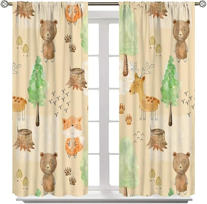 Rustic Animal Curtains, Wild Forest Animal Bear Fox Deer Kids Window Treatments for Living Room Bedroom, Farmhouse Woodland Blackout Drapes 2 Panel Sets, 63x63 Inch