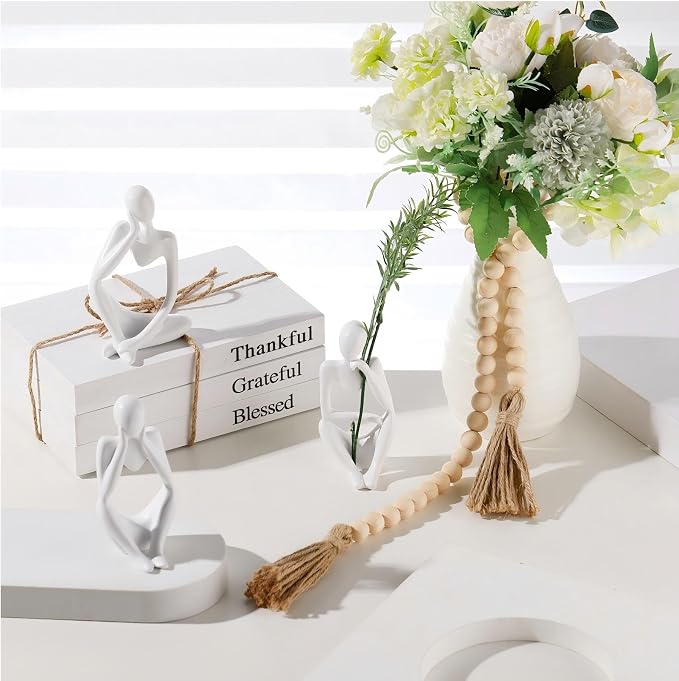 Beeveer 3 Pcs Decorative Books for Home Decor, White Faux Books for Decoration, White Resin Thinker Statue Abstract Art Sculptures, Rustic Farmhouse Beads Centerpiece for Room Office Shelf Desktop