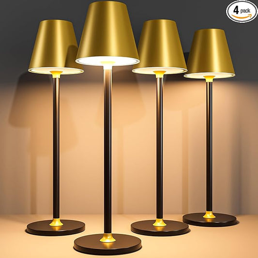 Timjorman 4-Pack Cordless Table Lamps - 5000mAh Rechargeable Battery Operated Desk Lamp, 3-Level Dimmable LED Night Light for Bedroom, Dining, Restaurant - Metal Design(Gold&Black 4PACK)
