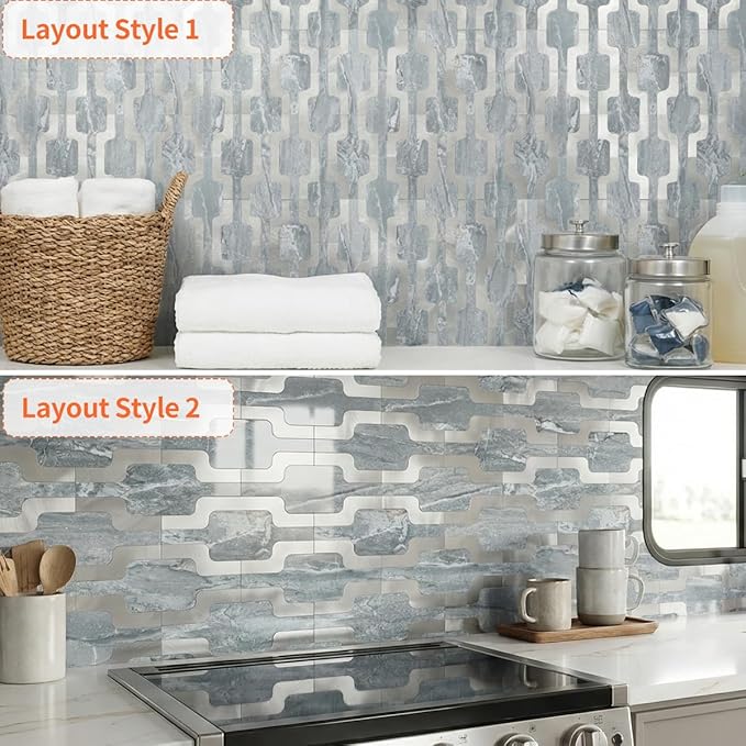 60pcs Premium Peel and Stick Backsplash Tiles,Glossy Blue Marble Look Elevated 3D Textured DIY Self Adhensive Wall Tiles for Kitchen & Bathroom,High-End Finished,Easy Cut & Install