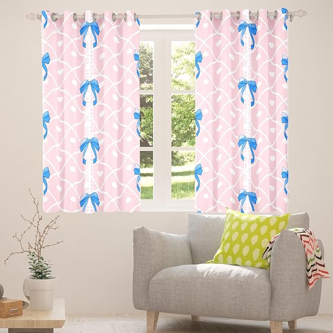 Feelyou Pink Girls Bow Curtains for Bedroom Living Room (2 Panels, 42 x 90 Inch) Cute Bowknot Darkening Dreapes Boys Teens Decor Stripes Blackout Curtains Blue Bow Window Treatments Kawaii