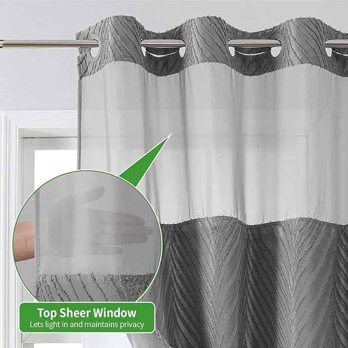 eachope stall no Hook Tufted Shower Curtain with snap in Liner Set, White Waterproof Fabric Inner Liner,Boho Style Shower Curtain with See Through top Window, WarmGrey, 54Wx80H