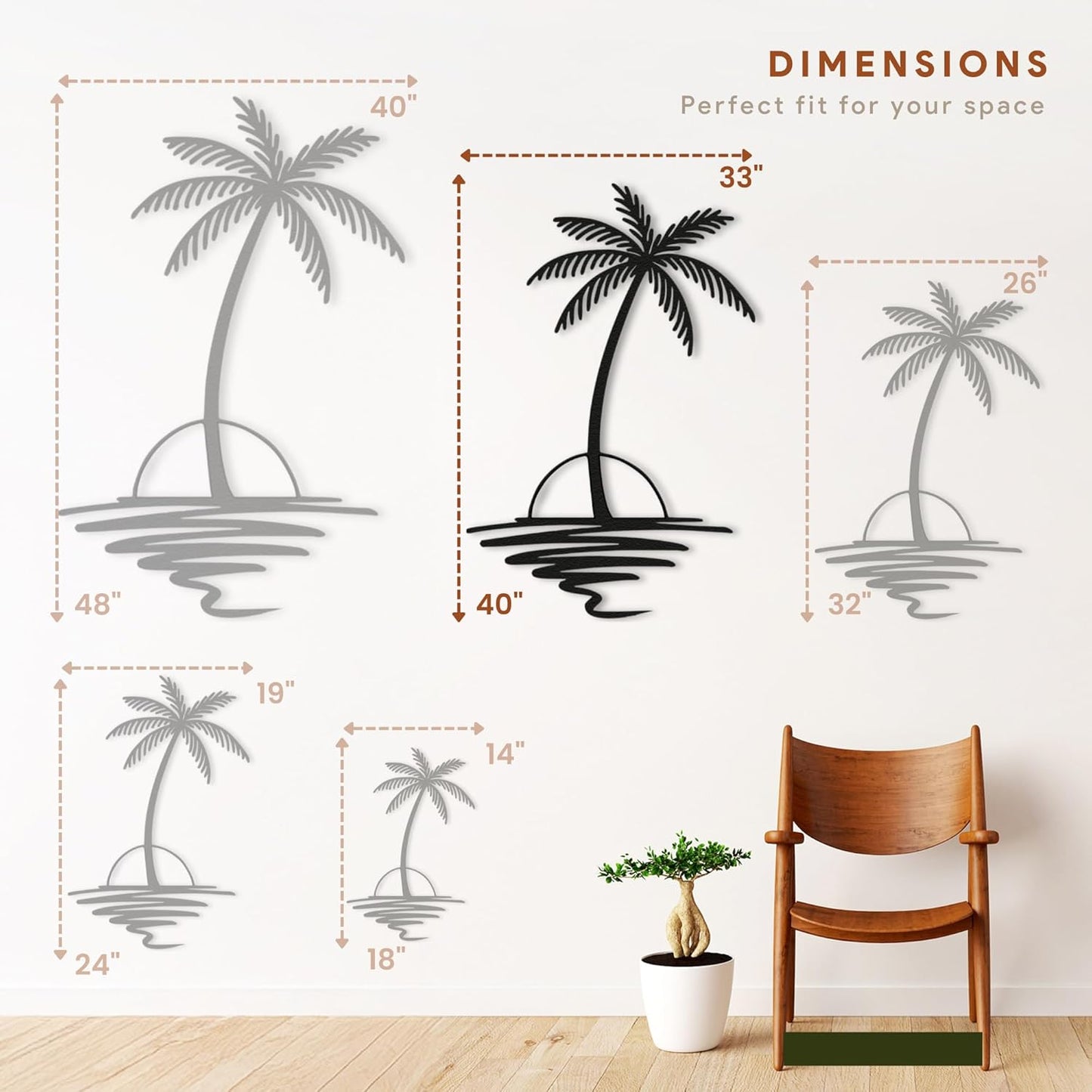 Metal Palm Tree with Sunset Wall Art, Large Outdoor Wall Decor, Tropical Beach Coastal Decor for Living Room, Bedroom, Garden Home Wall Sign, Perfect Metal Wall Art for Beach House, Coastal Theme, and Home Decoration (White, 40 x 33 inches)