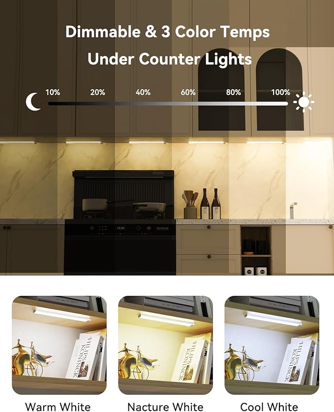 12 Inches Under Cabinet Lighting 12 Packs with 2 Charging Stations, Rechargeable Motion Sensor Light Indoor, 3 Color Temps, Dimmable Closet Light Stick on, Under Counter Lights for Kitchen