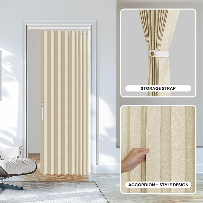 AJAZZ Set: Curtain Rods No Drilling (28-39" W Adjustable Range) & Accordion Door Curtain Cream White 42W×78" L, Accordion Doors for Closet Doorway Room Divider