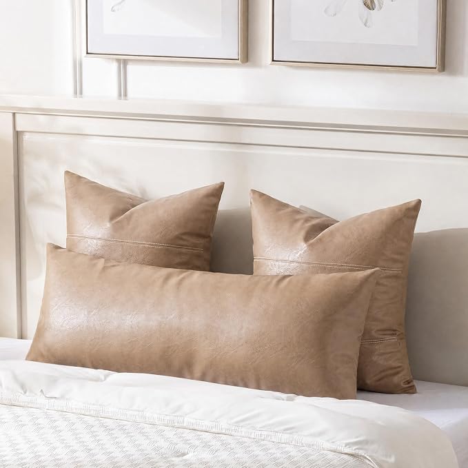 Fancy Homi Tan Boho Long Lumbar Faux Leather Body Decorative Throw Pillow Cover 12x40 Inch for Bedroom Couch Bed Sofa, Stylish Solid Rectangular Beige Pillowcase, Rustic Modern Farmhouse Room Decor