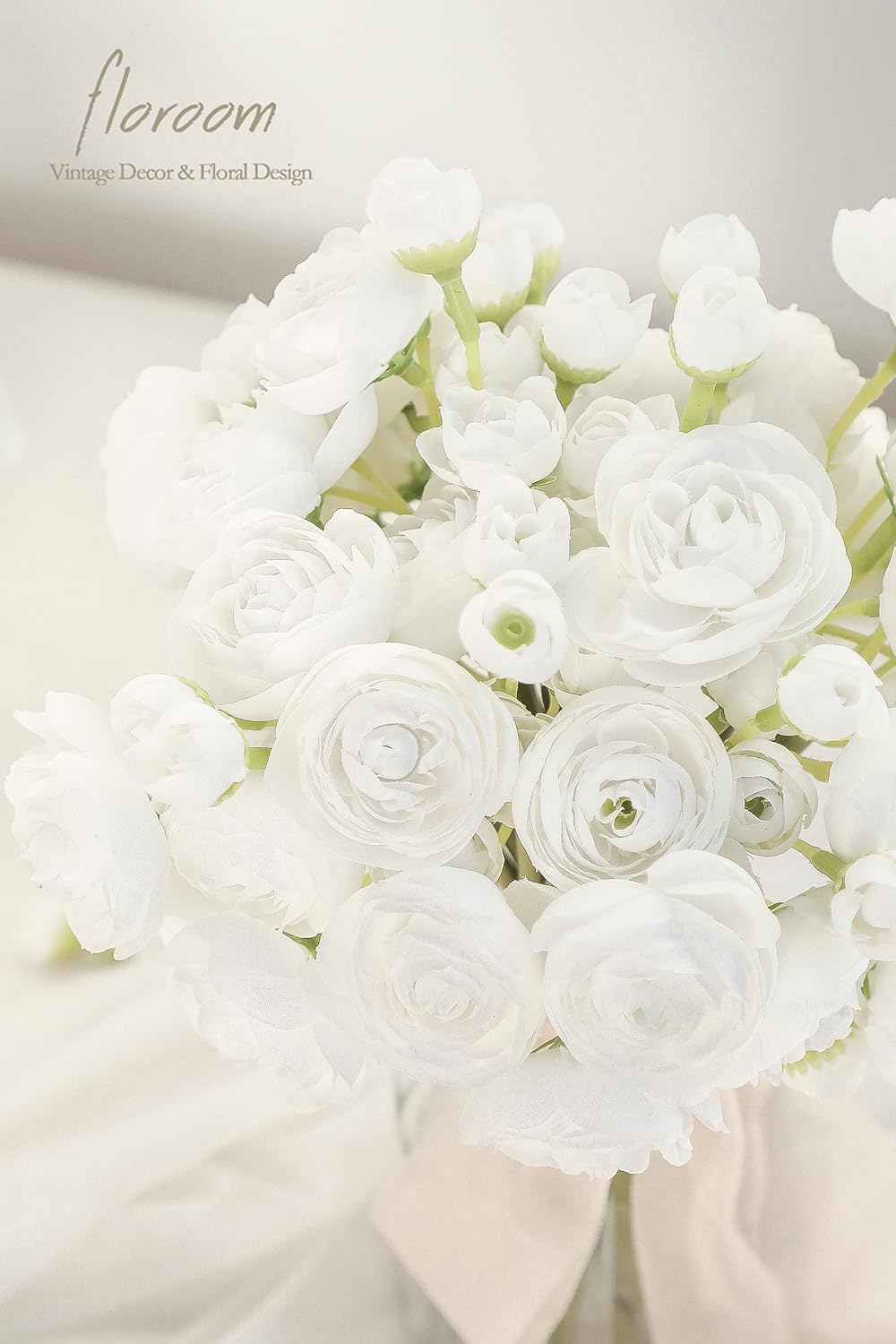 Floroom Ranunculus Artificial Flowers 18 Pcs White Faux Silk Mini Ranunculus Bulk Fake Wedding Filler Flowers for DIY Bouquets, Centerpieces, Bridal Shower Decorations & Arrangements