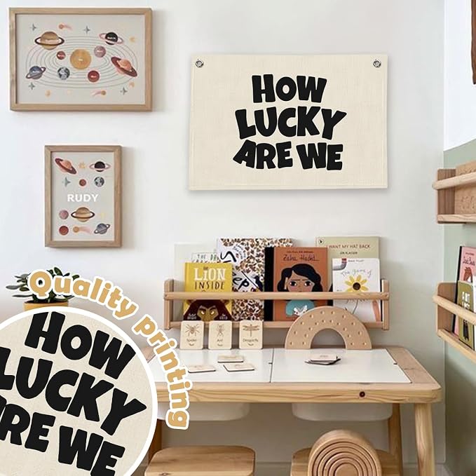 RTXLEZM How Lucky Are We Inspirational Canvas Banner,Kids Room Decor | Minimalist Positive Affirmations Wall Art Prints for Toddler Boys Girls Nursery Bedroom Playroom Decor, 20x30 Inch
